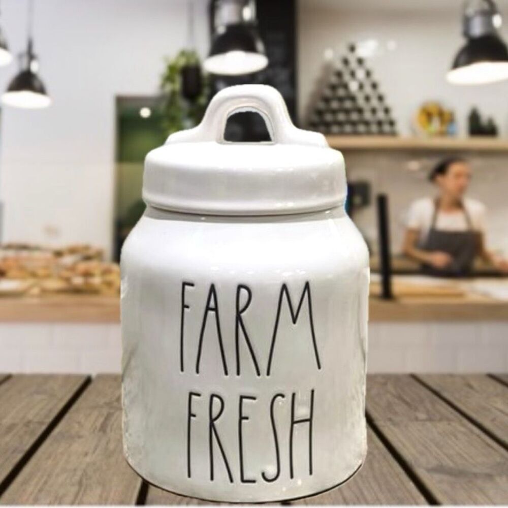 NWT Rae Dunn Gorgeous FARM FRESH White Glossy Ceramic Canister / Cookie Jar